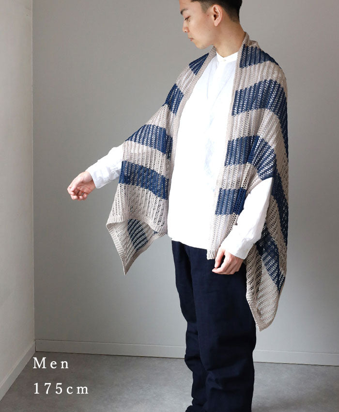 mino nico Stole Poncho, Loosely Knitted and Windproof, Border [242-01-05] Women's Cardigan, Spring/Summer