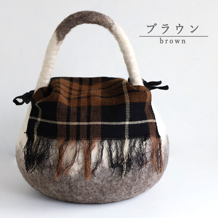 [3 colors] ENA KUAM felt bag, round pote two-tone [24AKU005] Nepal, handmade, fair trade brand 