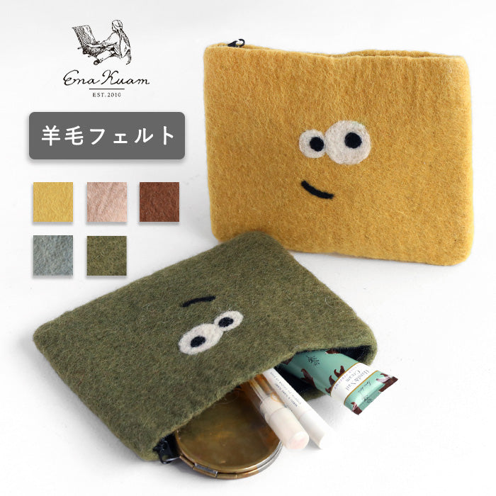 [5 colors] ENA KUAM Wool Felt Kyorokyoro Pouch [24AKU011] Nepal Handmade Fair Trade Brand