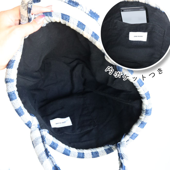 【2色】ENA KUAM (エナクアム) 手抜染デニム メルシーバッグ [24SKU001] トートバッグ ハンドバッグ ハンドメイド