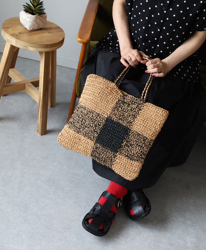 [2 colors] ENA KUAM Paper Yarn Basket Bag Block Check Tote [24SKU006] Women's Shoulder Bag, Handbag, A4, Spring/Summer