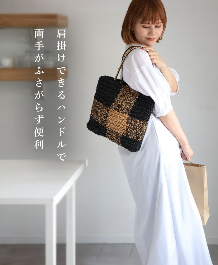 [2 colors] ENA KUAM Paper Yarn Basket Bag Block Check Tote [24SKU006] Women's Shoulder Bag, Handbag, A4, Spring/Summer