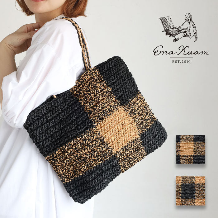 [2 colors] ENA KUAM Paper Yarn Basket Bag Block Check Tote [24SKU006] Women's Shoulder Bag, Handbag, A4, Spring/Summer