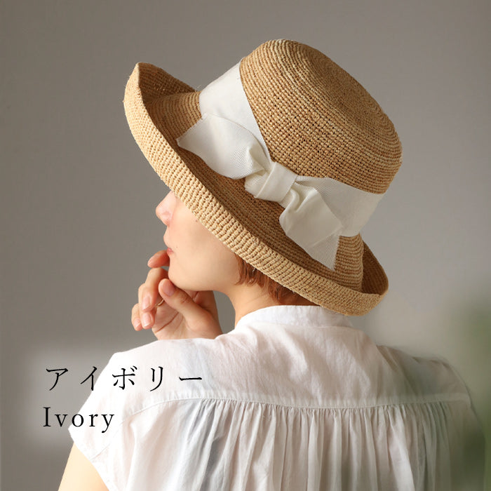 岡本帽子(おかもとぼうし) ラフィア 鍵編み クロッシェ リボン付き