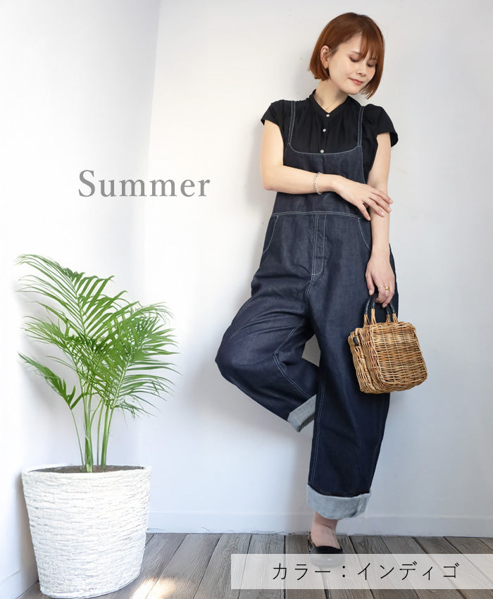 NARU FACTORY 8oz Irregular Denim Tall Overalls, 100% Cotton, Women's [661800] Minamide Meriyasu Bottoms, Factory Brand 