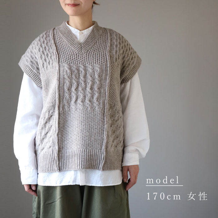 NARU FACTORY Natural Color Wool Patterned Knit Vest for Women [665405] Minamide Meriyasu Sweater Factory Brand 