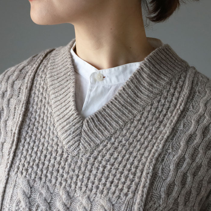 NARU FACTORY Natural Color Wool Patterned Knit Vest for Women [665405] Minamide Meriyasu Sweater Factory Brand 