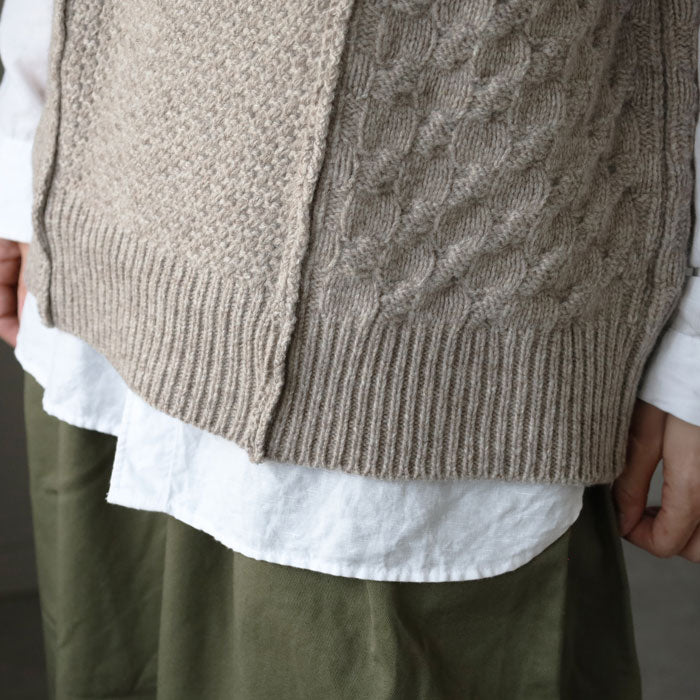 NARU FACTORY Natural Color Wool Patterned Knit Vest for Women [665405] Minamide Meriyasu Sweater Factory Brand 