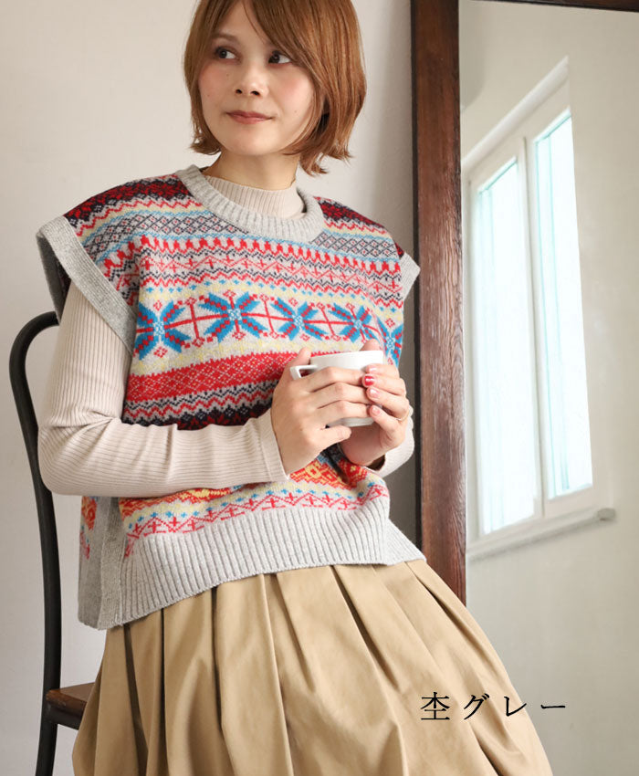 NARU FACTORY Tasmanian Lamb Fair Isle Box Vest for Women [665621] Minamide Meriyasu Sweater Factory Brand 