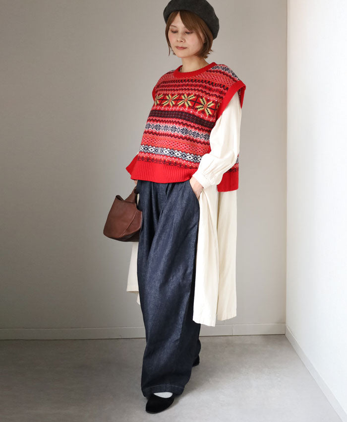 NARU FACTORY Tasmanian Lamb Fair Isle Box Vest for Women [665621] Minamide Meriyasu Sweater Factory Brand 