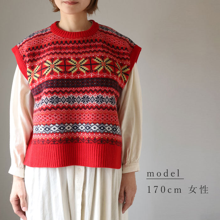 NARU FACTORY Tasmanian Lamb Fair Isle Box Vest for Women [665621] Minamide Meriyasu Sweater Factory Brand 