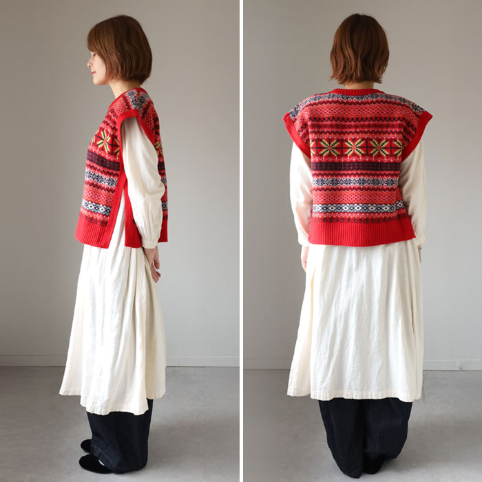 NARU FACTORY Tasmanian Lamb Fair Isle Box Vest for Women [665621] Minamide Meriyasu Sweater Factory Brand 