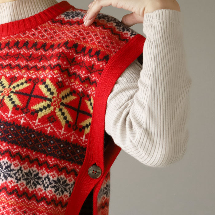 NARU FACTORY Tasmanian Lamb Fair Isle Box Vest for Women [665621] Minamide Meriyasu Sweater Factory Brand 