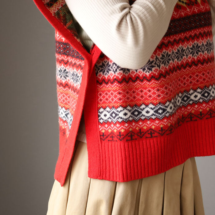 NARU FACTORY Tasmanian Lamb Fair Isle Box Vest for Women [665621] Minamide Meriyasu Sweater Factory Brand 