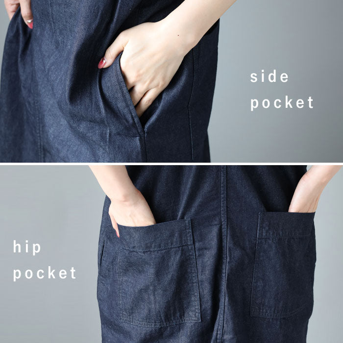 DEEP BLUE loose denim dress in indigo [72970-1] Women's loose fit, figure covering, overalls, jumper skirt, Kurashiki, Kojima
