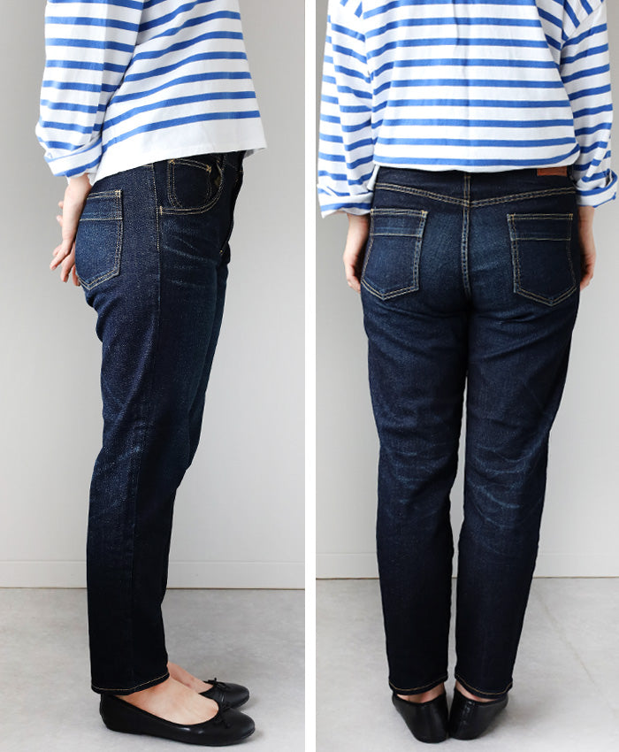 DEEP BLUE 10oz Stretch Denim Full Length Tapered Boyfriend Pants Dark Blue [73966FL-2]