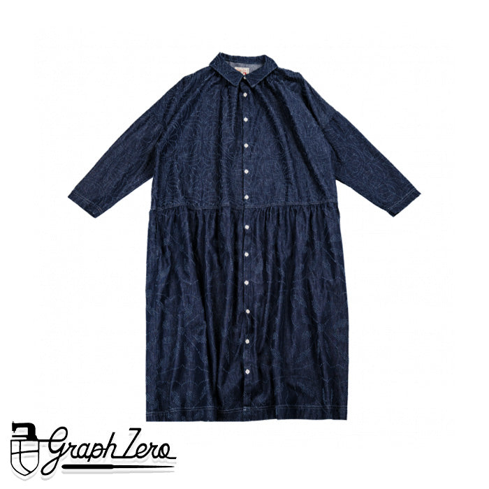 graphzero Drop Dress - Grass & Fireworks Pattern, Waracut Embroidery, 8oz Denim, Indigo, One Wash [La-DOP-0602] - Okayama, Kurashiki, Kojima Jeans & Denim Brand