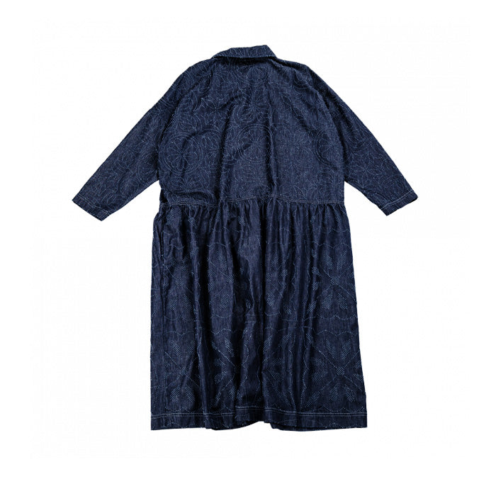 graphzero Drop Dress - Grass & Fireworks Pattern, Waracut Embroidery, 8oz Denim, Indigo, One Wash [La-DOP-0602] - Okayama, Kurashiki, Kojima Jeans & Denim Brand