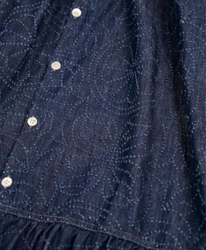 graphzero Drop Dress - Grass & Fireworks Pattern, Waracut Embroidery, 8oz Denim, Indigo, One Wash [La-DOP-0602] - Okayama, Kurashiki, Kojima Jeans & Denim Brand