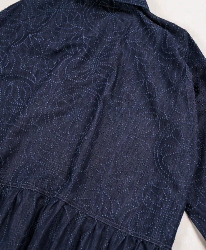 graphzero Drop Dress - Grass & Fireworks Pattern, Waracut Embroidery, 8oz Denim, Indigo, One Wash [La-DOP-0602] - Okayama, Kurashiki, Kojima Jeans & Denim Brand