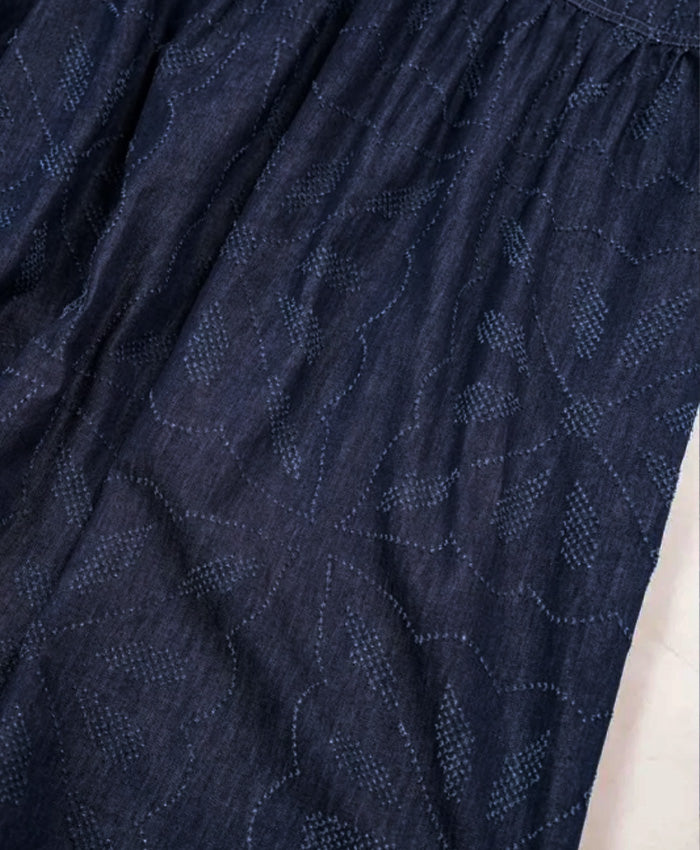 graphzero Drop Dress - Grass & Fireworks Pattern, Waracut Embroidery, 8oz Denim, Indigo, One Wash [La-DOP-0602] - Okayama, Kurashiki, Kojima Jeans & Denim Brand