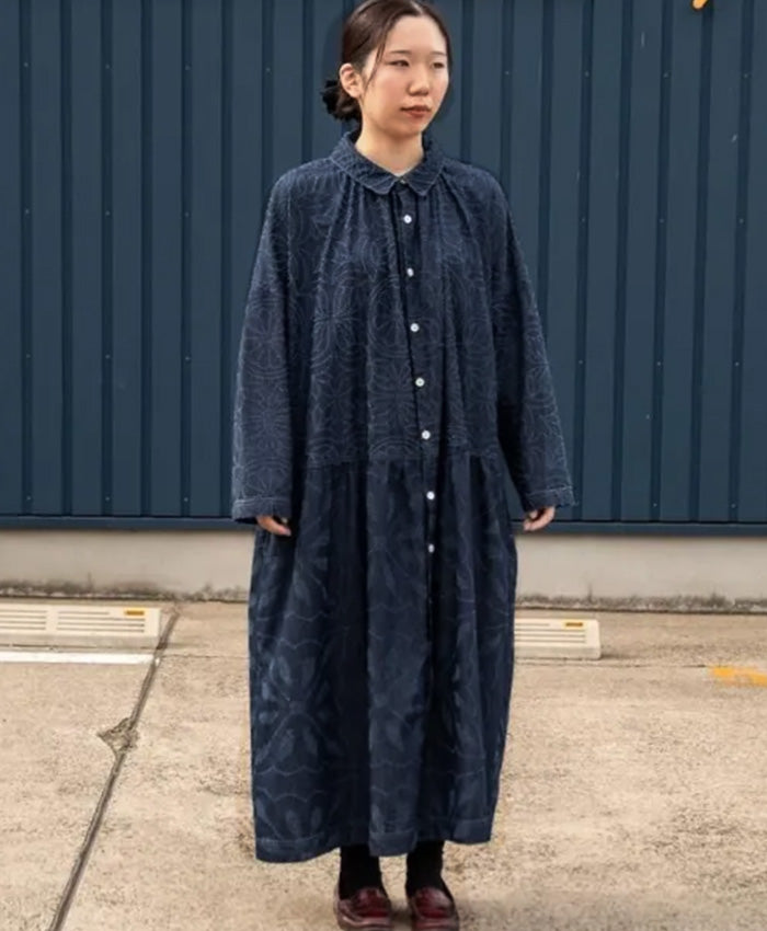 graphzero Drop Dress - Grass & Fireworks Pattern, Waracut Embroidery, 8oz Denim, Indigo, One Wash [La-DOP-0602] - Okayama, Kurashiki, Kojima Jeans & Denim Brand