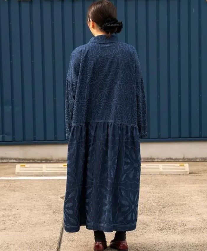 graphzero Drop Dress - Grass & Fireworks Pattern, Waracut Embroidery, 8oz Denim, Indigo, One Wash [La-DOP-0602] - Okayama, Kurashiki, Kojima Jeans & Denim Brand