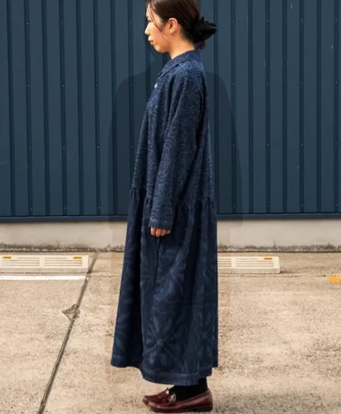 graphzero Drop Dress - Grass & Fireworks Pattern, Waracut Embroidery, 8oz Denim, Indigo, One Wash [La-DOP-0602] - Okayama, Kurashiki, Kojima Jeans & Denim Brand