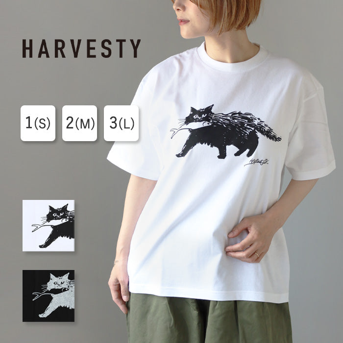 [2 colors, 3 sizes] HARVESTY Iwasato Miki Print Box T-shirt CAT Women's [A52505] Okayama Kurashiki Kojima Standard clothing brand 