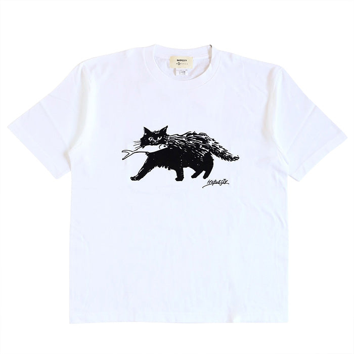 [2 colors, 3 sizes] HARVESTY Iwasato Miki Print Box T-shirt CAT Women's [A52505] Okayama Kurashiki Kojima Standard clothing brand 