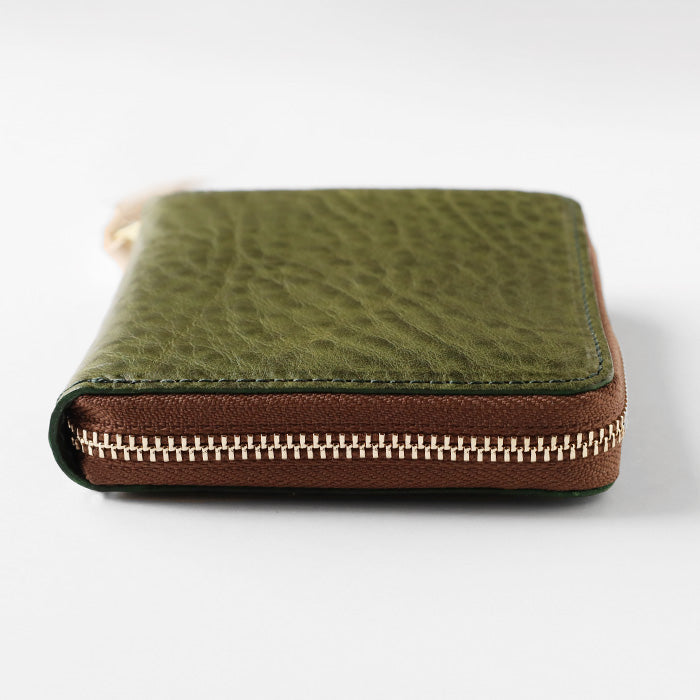 [Can store bills without folding] ANNAK Compact Round Zip Wallet Tochigi Leather Green (embossed) for Women and Men [AK22TA-B0005-GRN-SHIBO] 