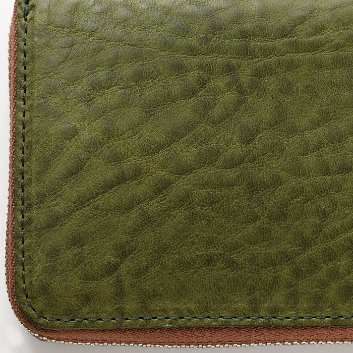 [Can store bills without folding] ANNAK Compact Round Zip Wallet Tochigi Leather Green (embossed) for Women and Men [AK22TA-B0005-GRN-SHIBO] 