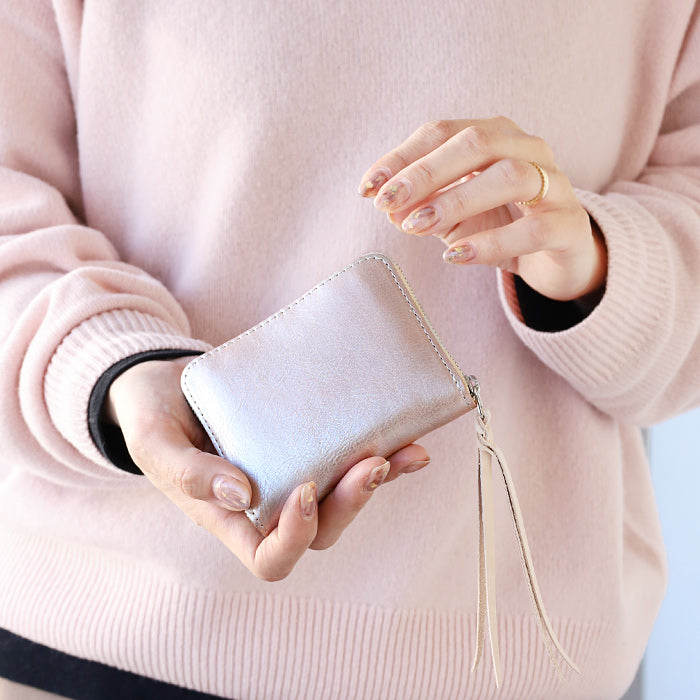[You can store bills without folding them] ANNAK compact round zip wallet, genuine leather, pink silver [AK22TA-B0005-SLV]