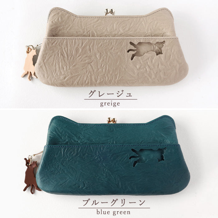 aoneco(アオネコ) がま口 ロングウォレット [an001] 革製品を手がけるwajiさんの保護猫プロジェクト 猫財布 ネコ 長財布 サイフ スリム 可愛い ベージュ 茶 緑 黒