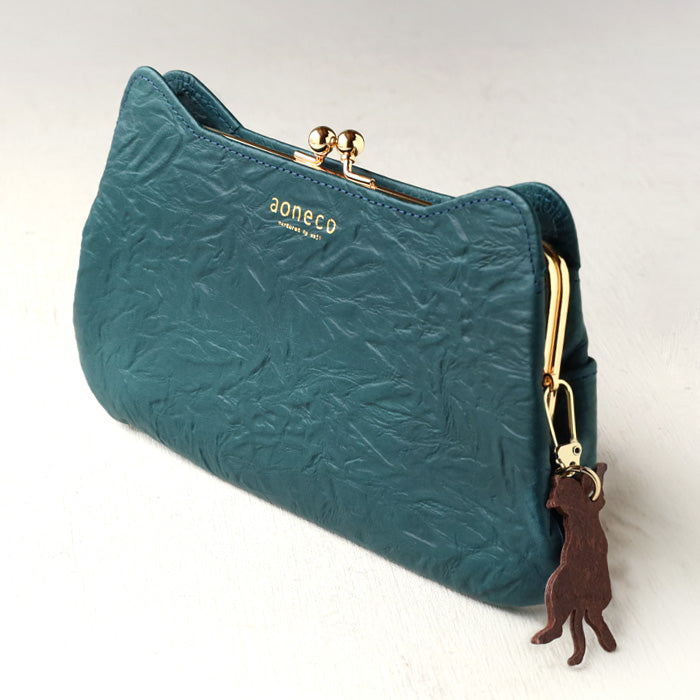 aoneco(アオネコ) がま口 ロングウォレット [an001] 革製品を手がけるwajiさんの保護猫プロジェクト 猫財布 ネコ 長財布 サイフ スリム 可愛い ベージュ 茶 緑 黒