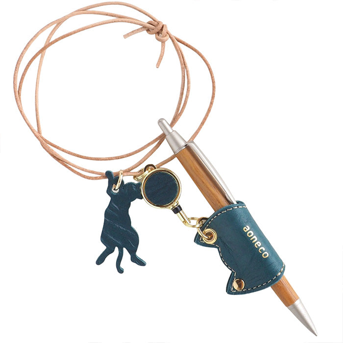 aoneco(アオネコ) リール付き ペンホルダー [an008] 革製品を手がけるwajiさんの保護猫プロジェクト ネコ 猫 ペン差し ネックストラップ 本革 レザー 可愛い オシャレ オフィス 文具