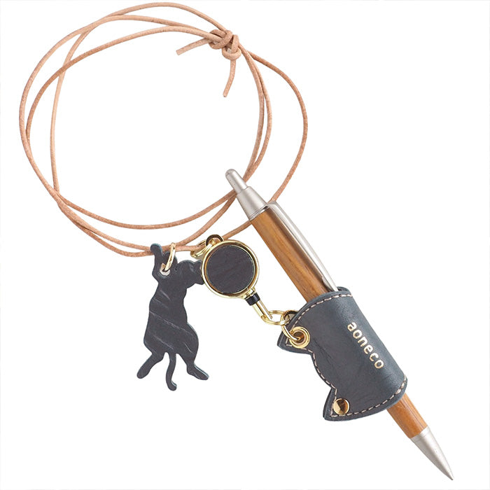 aoneco(アオネコ) リール付き ペンホルダー [an008] 革製品を手がけるwajiさんの保護猫プロジェクト ネコ 猫 ペン差し ネックストラップ 本革 レザー 可愛い オシャレ オフィス 文具