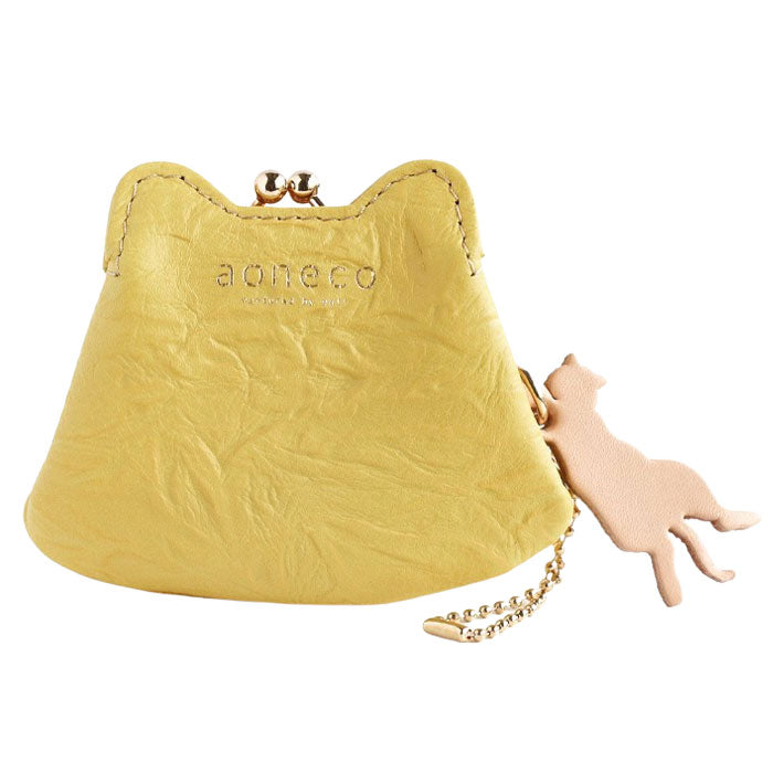 aoneco (Aoneko) Micro Purse Pouch [an020] Leather goods maker Waji's rescue cat project Purse Genuine leather Coin purse Cat Cute Money luck Yellow Black cat 