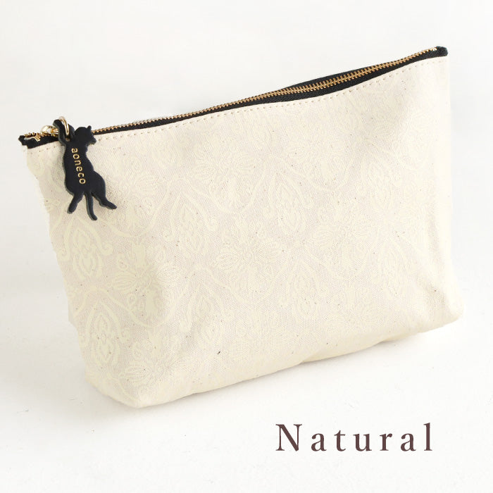aoneco (Aoneko) Damask pattern pouch, M size [an035] Leather goods manufacturer Waji's rescue cat project, accessory case, travel, makeup pouch, large, cute, cat 