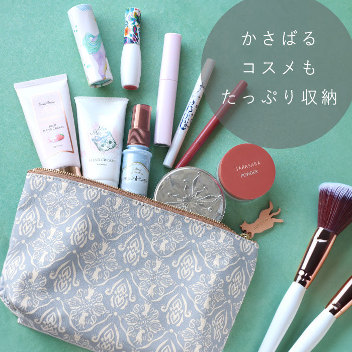 aoneco (Aoneko) Damask pattern pouch, M size [an035] Leather goods manufacturer Waji's rescue cat project, accessory case, travel, makeup pouch, large, cute, cat 