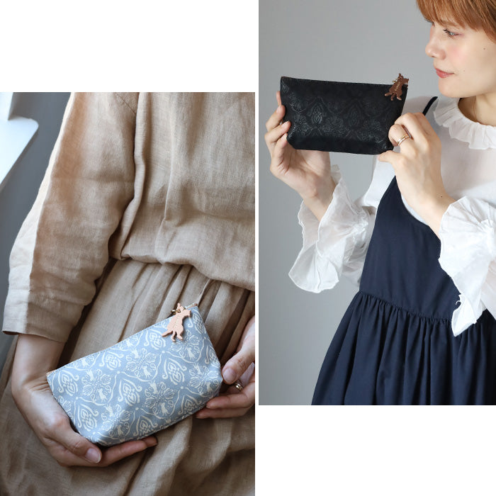 aoneco (Aoneko) Damask pattern pouch S size [an036] Leather goods manufacturer Waji's rescue cat project Small item holder Pen case Cosmetic pouch Small Cute Cat 