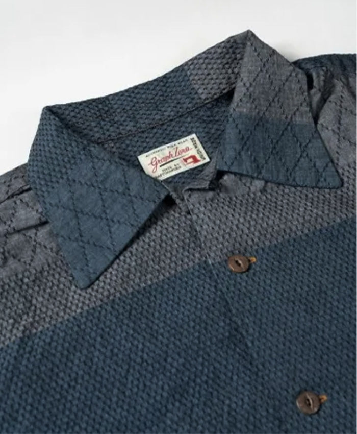 graphzero(グラフゼロ) アロハシャツ 半袖 刺子 剣道着柄 インディゴ ブルー×ホワイト [GZ-AROHA-KNBLWH] 岡山 倉敷 児島 ジーンズ デニム ブランド