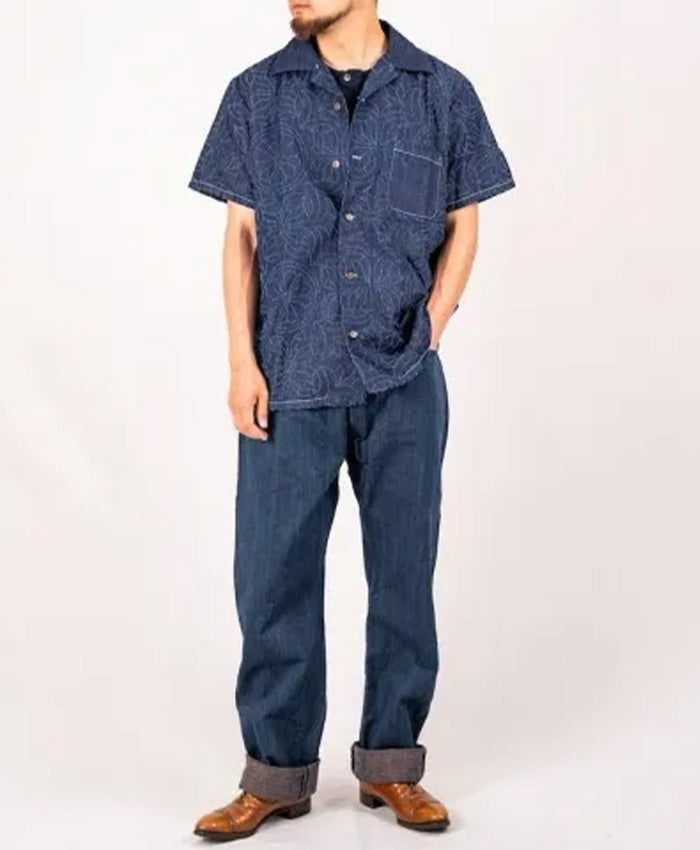 graphzero Aloha Shirt Short Sleeve Floral Pattern Waracut Embroidery 8oz Denim Indigo One Wash [GZ-AROHA-LF] Okayama Kurashiki Kojima Jeans Denim Brand