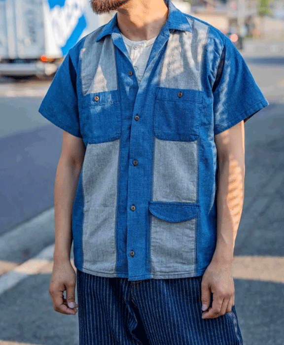 graphzero Bowling Shirt Indigo Short Sleeve Men's Women's Unisex [GZ-BWSS-0606-ID] Okayama Kurashiki Kojima Jeans Denim Brand