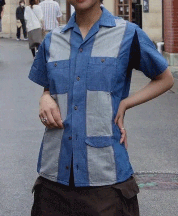 graphzero Bowling Shirt Indigo Short Sleeve Men's Women's Unisex [GZ-BWSS-0606-ID] Okayama Kurashiki Kojima Jeans Denim Brand