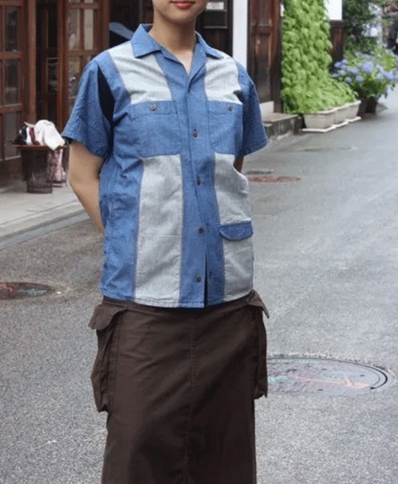 graphzero Bowling Shirt Indigo Short Sleeve Men's Women's Unisex [GZ-BWSS-0606-ID] Okayama Kurashiki Kojima Jeans Denim Brand