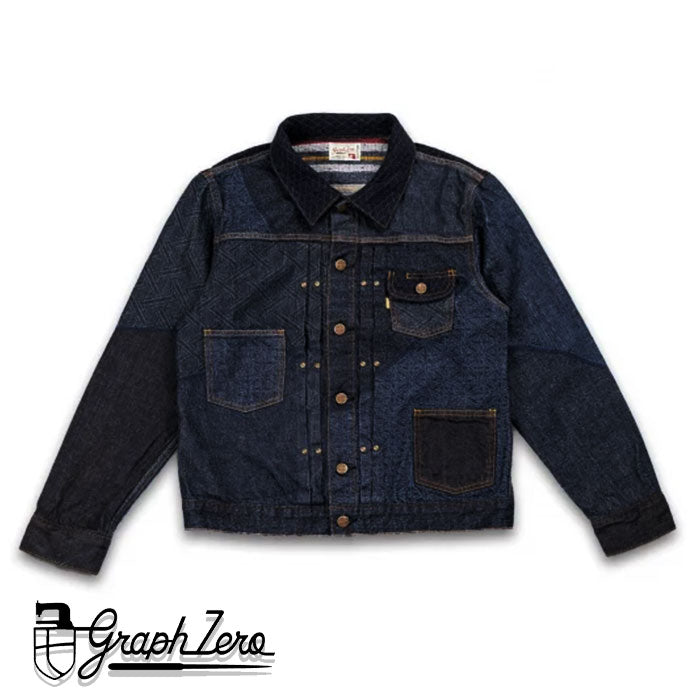 graphzero 10oz Embossed Denim Patchwork Jacket, Natural Indigo Rope Dyed [GZ-ENGJ-0802] Available in Okayama, Kurashiki, and Kojima.