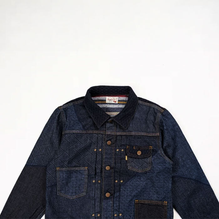 graphzero 10oz Embossed Denim Patchwork Jacket, Natural Indigo Rope Dyed [GZ-ENGJ-0802] Available in Okayama, Kurashiki, and Kojima.