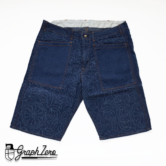 graphzero Gaze Baker Shorts - Floral 10oz Denim, Waracut Embroidery, Indigo One Wash [GZ-GT-0706FW] Okayama Kurashiki Kojima Jeans Denim