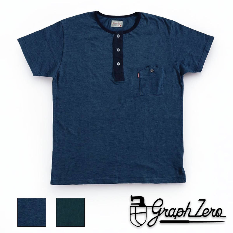 【2 Colors】graphzero Henley Neck Short Sleeve T-Shirt Indigo Rope Dyed for Men and Women [GZ-IDTH-26] Okayama Kurashiki Kojima Jeans Denim Brand